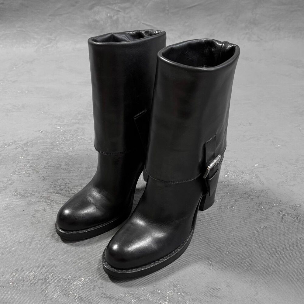 Costume National Black Leather Block Heel Mid-Calf Boots Women's EU 36